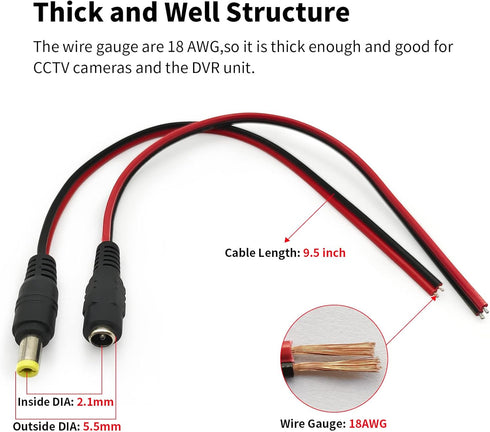 18AWG DC Power Cable, 6 Pairs DC Power Pigtail Cable Wire for CCTV Security Cameras and Lighting