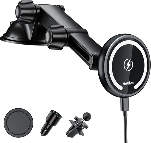 MAGJIEYX for Magnetic Magsafe Car Mount Charger, Wireless Car Charger with QC3.0 Adapter(38W