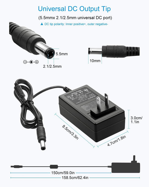 ALITOVE 12V 3A 12 36W 2.5A 2A 1.5A 1A Replacment 4.92Ft 10 Power Supply DC Volt AC Adapter Power Cord Converter