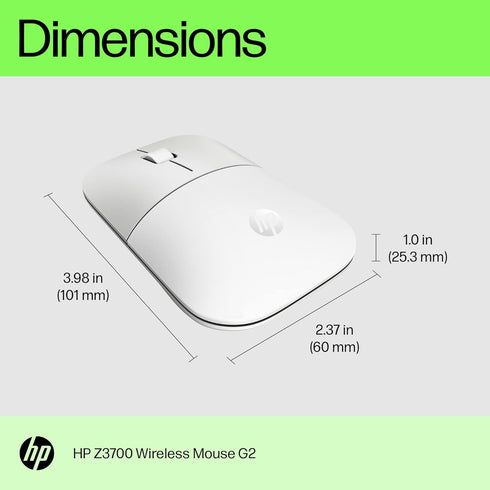HP Z3700 G2 Wireless Mouse - White, Portable Design, 2.4GHz Receiver, Blue Optical Sensor for PC, Laptop, Mac
