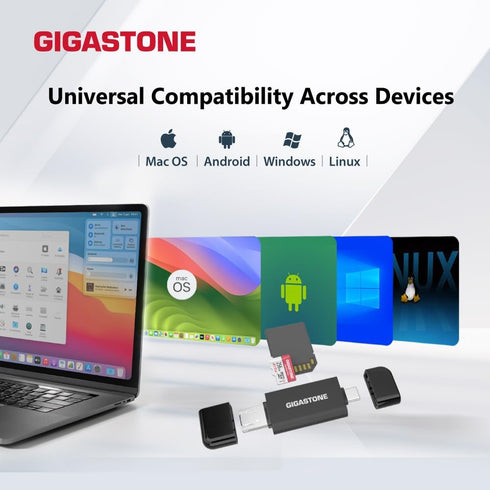 Gigastone 5-in-1 iPhone16/15, SD Card Reader, USB-A/USB-C Card Reader, Dual Slot for SD/Micro SD/SDHC/SDXC, Compatible
