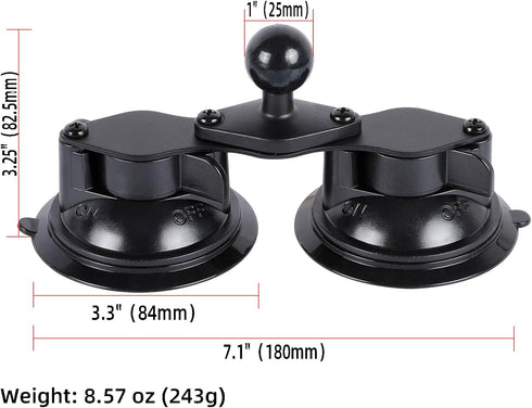 Dual Suction Cup Base with 1" Ball, Heavy Duty 2 Suction Car Mount Base Compatible with RAM Mounts and Other B Size