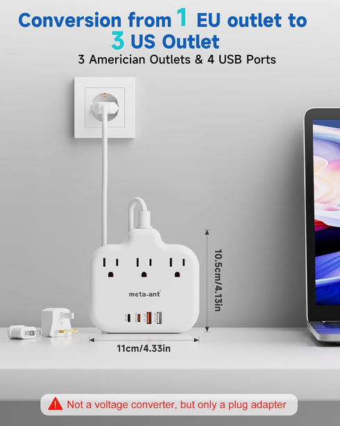 PD30W USB C European Travel Plug Adapter, International Power Adapter with 3 Outlets, 2 USB-C, 2 USB-A Fast Charger