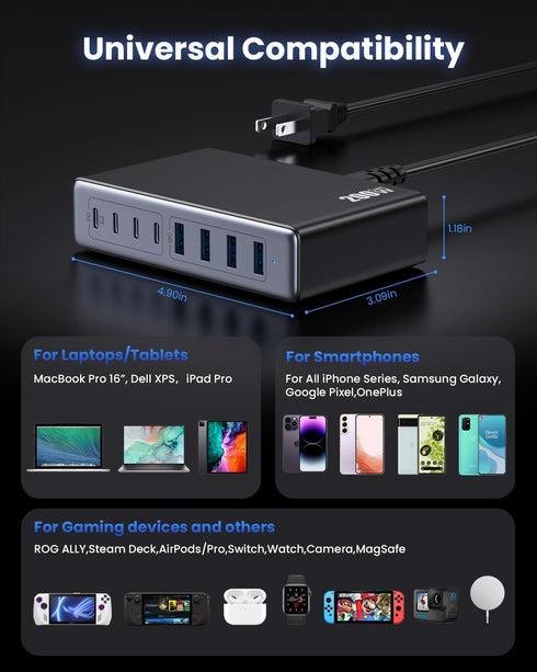 200W USB C Charger Block, GaN III 8-Ports Charging Station Hub + PD 65W Laptop Charger for MacBook, iPhone 16/15, Black