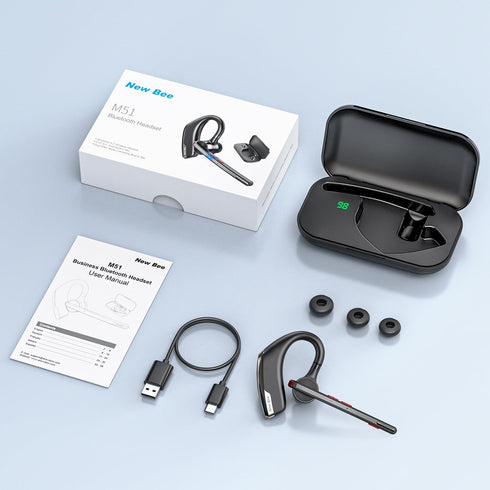 New bee Bluetooth Headset Wireless Earpiece with 500mah Charging Case, 80h Playtime and Noise Cancelling