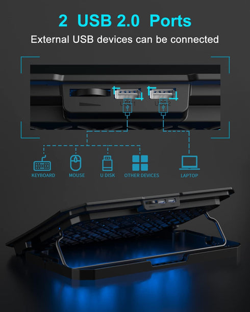 KeiBn Laptop Cooling Pad, Gaming Laptop Cooler with 2 Fans, 5 Height Stands, 2 USB Ports for 10-15.6 Inch Laptops