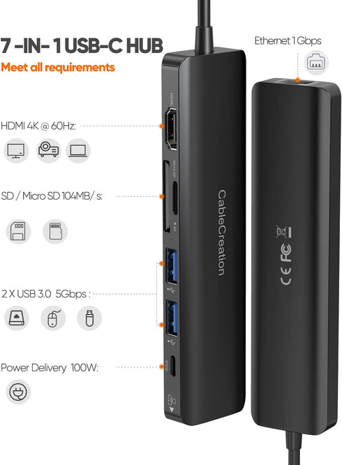 USB C Hub with Ethernet, CableCreation 7 in 1 4k@60Hz HDMI Multiport Adapter with 100W PD, 2 USB 3.0 Ports