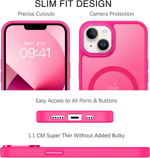 BENTOBEN Hot Pink Magnetic Case for iPhone 13/14 - Slim, Shockproof, Translucent Matte, Compatible with MagSafe.