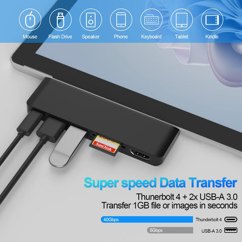 Surface Pro 9/10/11/X Docking Station with 4K HDMI, USB-C Thunderbolt 4, USB 3.0, SD/TF Card Reader