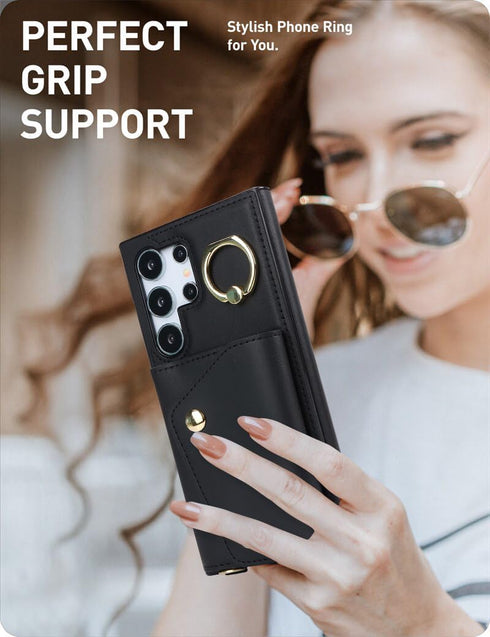 for Samsung Galaxy S24 Ultra Phone Case for Women, Crossbody Wallet Case with Credit Card Holder, Shockproof Black