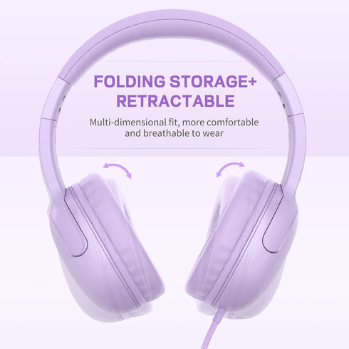 LORELEI E5 Wired Headphones for Kids - Foldable, Tangle-Free Nylon Wire, 3.5mm Jack, Stereo On-Ear, Purple.