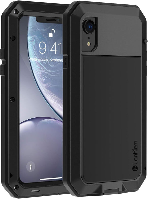 Lanhiem iPhone XR Metal Case, Heavy Duty Shockproof Rugged Full Body Cover with Built-in Glass Protector, Black
