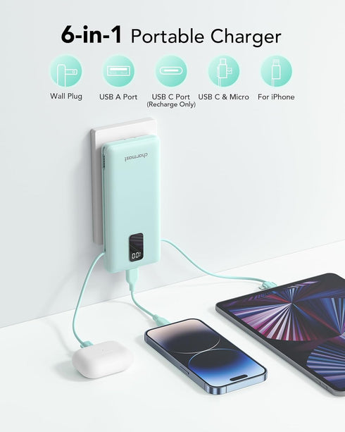 Charmast Portable Charger - 10000mAh USB C Power Bank with Built-in Cables, Fast Charging for Travel Essentials