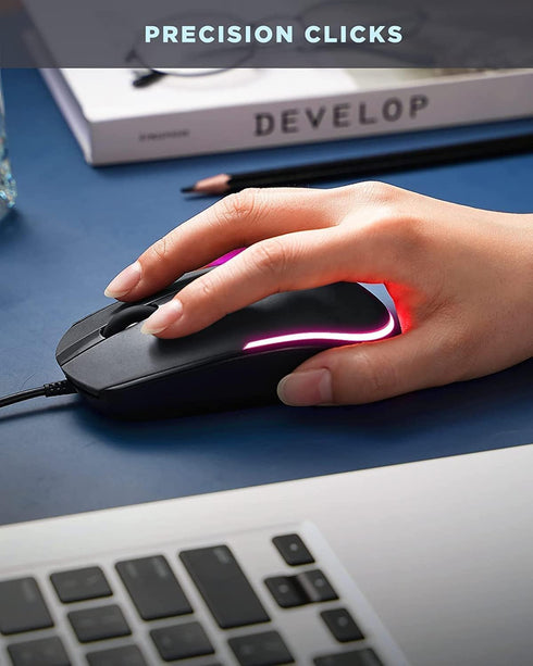 seenda Wired Mouse, USB Computer Mouse with RGB Backlit Optical LED, Attached USB Cord for Laptops, Black