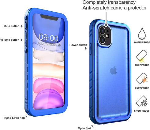 Cozycase Waterproof iPhone 11 Case - Built-in Screen Protector, Full-body Rugged Bumper, Shockproof, Dustproof, Blue