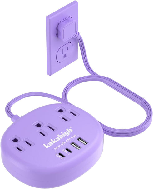 kakahigh Purple Extension Cord with USB C - 5 FT Flat Power Strip,