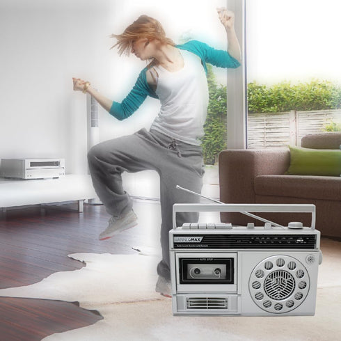 HANNLOMAX HX-601K Portable AM/FM Radio Cassette Recorder with Bluetooth, Records from Built-in Mic or Radio, AC/DC