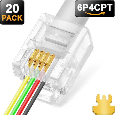 20Pack RJ11 Pass Through Connector 6P4C Telephone Modular Plug 3 Prong Type for Phone Line Cord