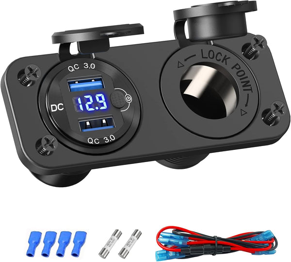 Cigarette Lighter Socket 12V Power Outlet, Qidoe Aluminum 40W Dual QC3.0 USB Charger Socket with LED Voltmeter Switch,