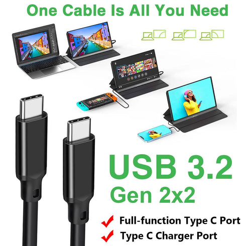 6.6FT USB-C 3.2 Gen 2 2 Display Monitor Video Link Data Transfer Cable for Lepow Z1 15.6 In, InnoView, ASUS ZenScreen, KYY, Cocopar, Arzopa, AOC, Type-C High Speed Portable Monitor Charger Power Cord