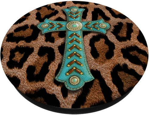 Leopard Cheetah Print Turquoise Teal Cross Rodeo Southwest PopSockets Standard PopGrip