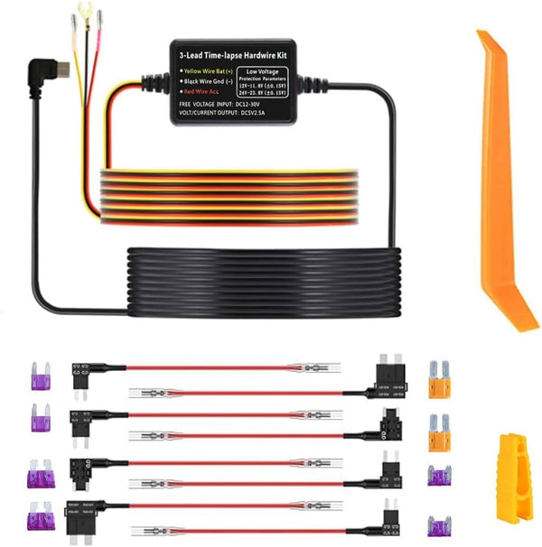 Upgraded Dash Cam Mirror Hardwire Kit, USB Type-C, 10.5ft Hard Wire Kit 12V-24V to 5V with Low Voltage Protection