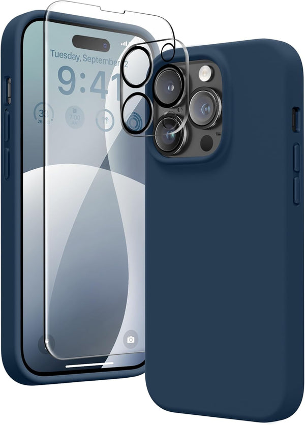 GONEZ iPhone 14 Pro Case - Dark Blue, Shockproof Liquid Silicone, Soft Anti-Scratch Lining + 2 Screen & Camera