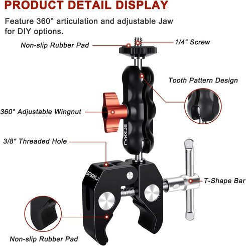 Super Clamp Camera Mount with Double Ball Head Adapter - Compatible with Canon Nikon DSLR, Gopro, LED Lights, Ronin-M/MX, Freefly MOVI - 360° Rotation - 1/4"-20 & 3/8"-16 Threaded Holes