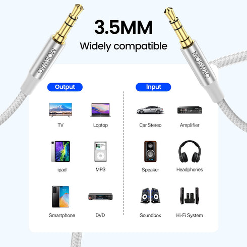 MOSWAG 3.28FT/1Meter 3.5mm Audio Aux Jack Cable, Male to Male Aux Cord, Nylon Braided for Phones, Speakers, Tablets