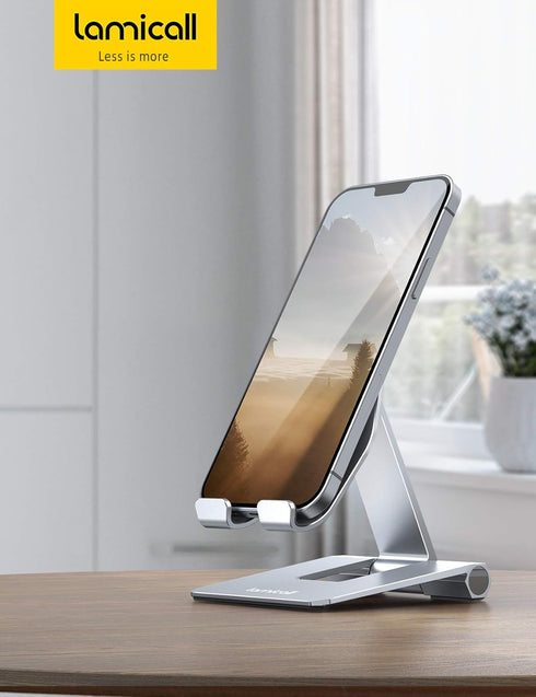 Lamicall 2024 Upgraded Adjustable Cell Phone Stand Desk, Foldable Desktop Phone Holder, Compatible with iPhone 15 14,