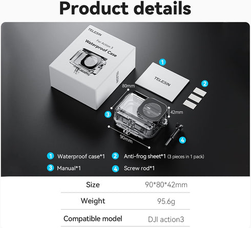 TELESIN Waterproof Case for DJI Action 4/3 Camera Accessories, Anti-fog Underwater Housing Shell Cage