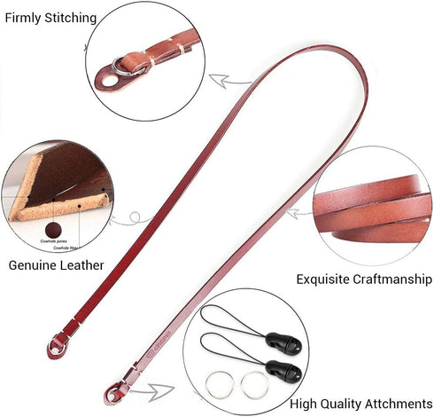 Genuine Brown Leather Camera Neck Shoulder Strap, Slim Belt, Compatible with Fujifilm, Sony, Olympus, Panasonic, Leica,