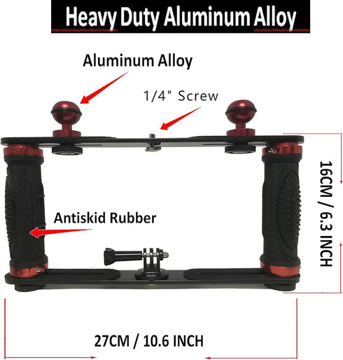 Aluminium Alloy Underwater Video Light Stabilizer Tray Dive Light Stand Tray with Two Aluminum Alloy 1'' Ball Handle for Action Camera and Any Other Camera with 1/4 inch Screw Hole