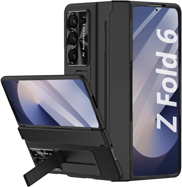 Rugged PU Leather Protective Phone Case for Samsung Galaxy Z Fold 6 with Screen Protector, Hinge Protection, Camera