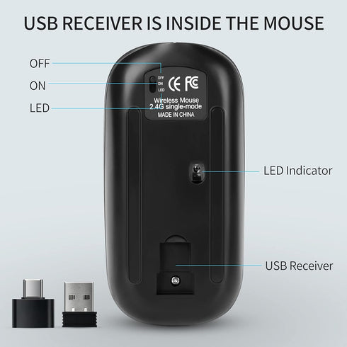 KBCASE LED Wireless Mouse, Slim Silent 2.4G Rechargeable for Laptop, MacBook, iPad, Chromebook, USB & Type-C Receiver