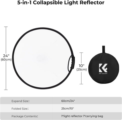 K&F CONCEPT 5-in-1 22"(60cm) Light Reflector with Grip Photography Diffuser Collapsible Portable for Studio and Outdoor