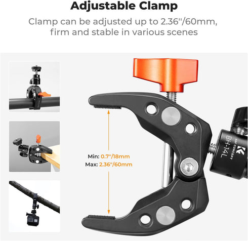 K&F Concept Super Clamp Camera Clamp with 360° Ballhead for GoPro/AKASO/Insta360 Action Cameras