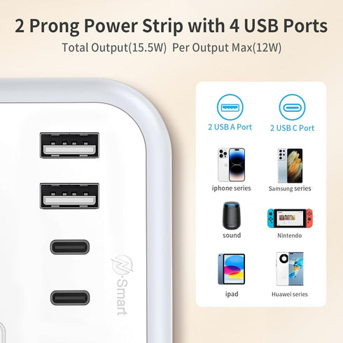 NTONPOWER 15 FT Extension Cord, 1875W Two Prong to Three Prong Adapter, 4 USB Ports, Surge Protector for Old House
