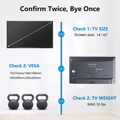 TV Wall Mount Brackets, Low Profile Fixed for 14 to 43 Inch LED, LCD TVs, Universal Mount Fits 8" Wood Studs