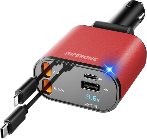 ?Upgraded?SUPERONE 4 in 1 Fast Retractable Car Charger with USB C and Apple Adapter