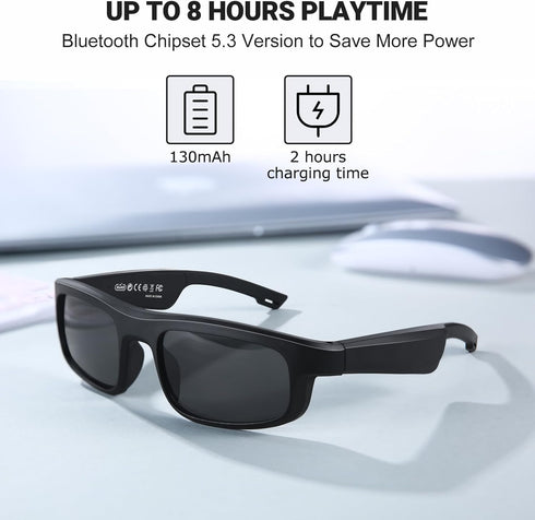 Smart Glasses, Polarized Bluetooth Sunglasses with Built-in Mic & Speakers, Voice Assistant, UV Protection