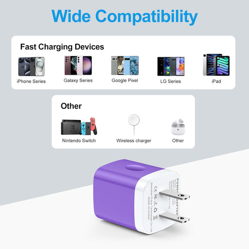 USB-A Wall Plug Charger Purple for Google Pixel 8a 8 7 Pro, Samsung Galaxy A55/A15/A53/S24/S23/S22/S21, 2-Pack USB