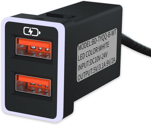 Car Charger QC3.0 Fast Charge, Dual USB Port Socket for Toyota, with LED Light Show, Compatible with Smartphones