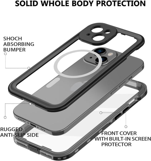iPhone 15 Plus Case, Waterproof Shockproof IP68 with Built-in Screen Protector and Magnetic Ring, Black