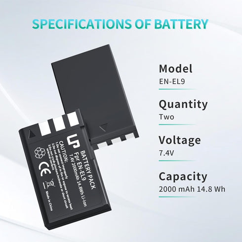 EN-EL9 EN EL9a Battery Pack, 2-Pack Rechargeable Li-Ion Battery Set, Compatible with Nikon Cameras