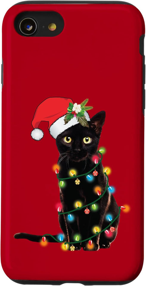 iPhone SE (2020) / 7 / 8 Santa Black Cat Case, Tangled Up In Christmas Tree Lights