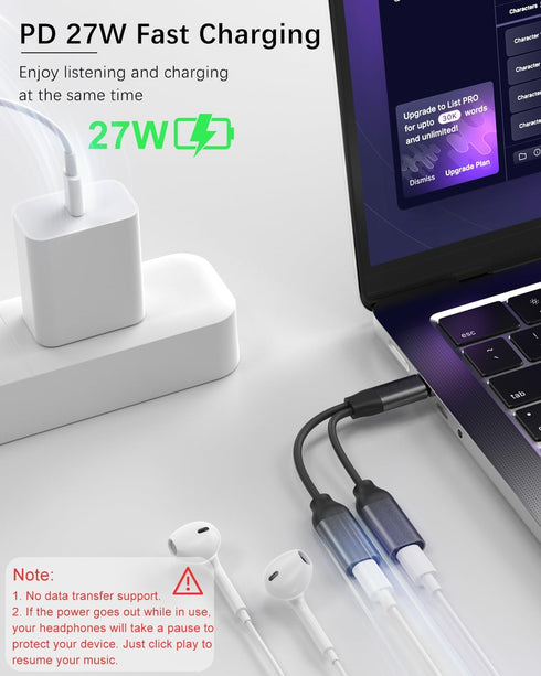 Dual USB C Headphone and Charger Adapter, 2-in-1 Type C Audio Adapter with Fast Charging for iPhone 15 Series, Samsung