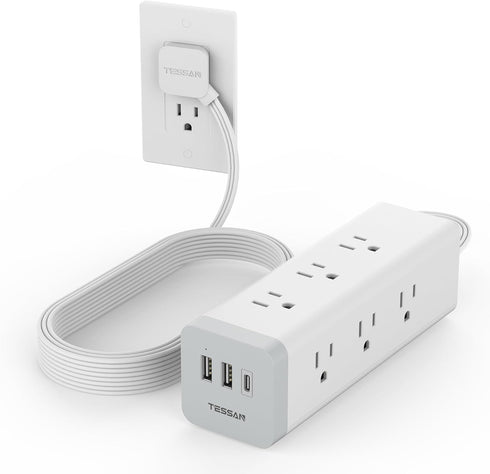 Surge Protector Power Strip 10 FT, TESSAN Ultra Thin Flat Plug with 9 Outlets and 3 USB Ports, Desk Charging Station