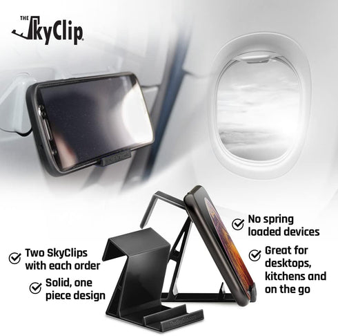 Airplane Cell Phone Back of Seat Inflight Tray Table Clip & Sturdy Phone Stand, Travel Must Have (Black 2 Pack)