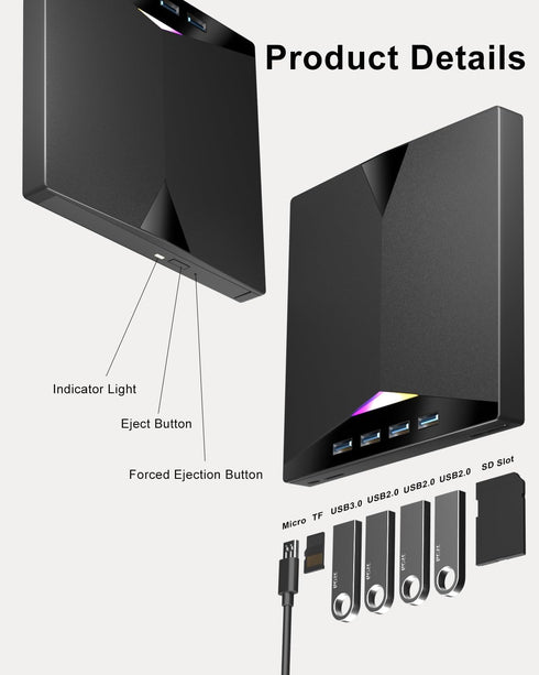 Alphami 7-in-1 2 3.0 External CD/DVD Drive for Laptop, External DVD Drive with USB Ports, External DVD Burner